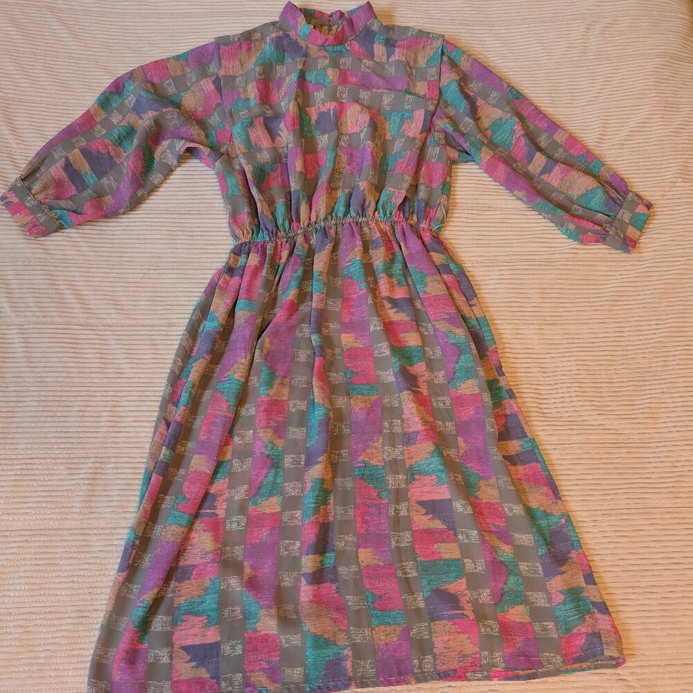 VINTAGE P.C.F. Petites styled by Hal Ferman semi-sheer colorful dress 12 ILGWU